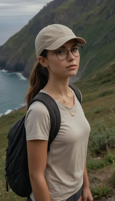 The image is a photograph featuring a young woman standing outdoors on a mountainous terrain, likely a hiking trail. She has a light skin tone and appears to be of Caucasian descent. Her hair is dark brown, tied back in a ponytail, and she wears a beige baseball cap. She is also wearing black-rimmed glasses and a gold necklace with a small pendant.

The woman is completely nude, with her breasts exposed. Her body is slender, and she has no visible body hair. She carries a brown backpack on her shoulders, suggesting she is on a hiking trip.

In the background, the scenery is breathtaking, with a vast expanse of the ocean visible, meeting the horizon. The coastline is dotted with small towns and lush greenery, indicating a coastal or island setting. The sky is partly cloudy with patches of blue peeking through, adding to the serene atmosphere. The ground beneath her is rocky and uneven, typical of a hiking trail.

The photograph is framed in a circular format, which might suggest it was taken using a fisheye lens. The overall composition emphasizes the contrast between the rugged terrain and the tranquil seascape.