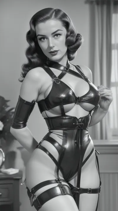 1940s uk, ((colorized)), erotic bondage magazine photo. girl, explicit pose, in cheap flimsy sex wear, bondage, medium tits, erotica, hyper realistic