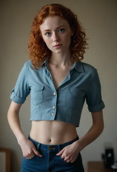 Full body shot, 20 year old ginger girl, lots of freckles, light red hair, very curly hair, mullet, small upturned nose, thin lips, big eyes, skinny body, lanky body, thin crop tops shirt, no bra, pointy nipples, pokey, low-cut baggy blue jeans