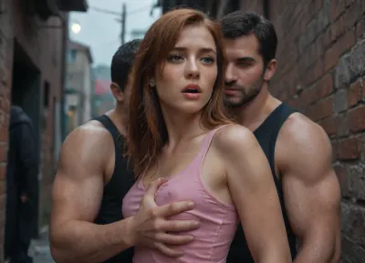 score_9, score_8_up, score_7_up, score_6_up, (in the night, heavy rain:.8), in an abandoned narrow alley, side view, (Mary Jane Watson, perfect face, long hair completely wet, sad, open mouth, crying), (pink tank top, pink skirt, wet clothes:1), ((threesome, 2men)), ((she is harassing between 2men in black clothes:1.2)), (((tits exposed, undressed, tank top pulled up by 2men, groped:1.4))), (looking below at men), perfect hands, perfect fingers, midnight illuminate, creating dramatic chiaroscuro effects, high resolution, best quality, masterpiece, ultra realistic, perfecteyes, <lora:PerfectEyesXL:.8>