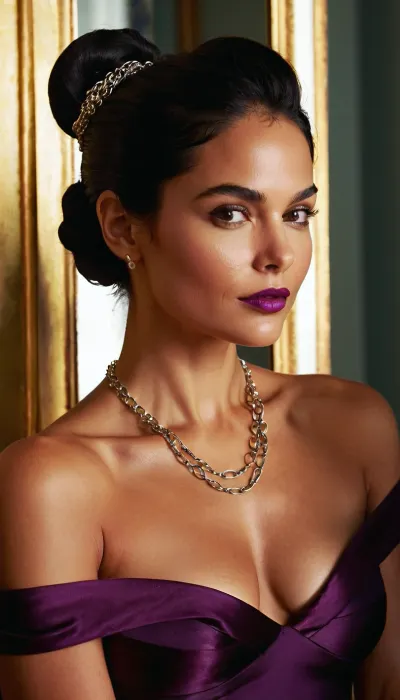 ### **The Face, (Sultry & Self-Assured), ** Her **eyes**—dark, heavy-lidded, framed by smudged kohl—lock onto the reflection in the mirror, a smirk playing on her **full, wine-stained lips**. High **cheekbones** catch the light, her **flawless, sun-kissed skin** glowing with a subtle sheen of sweat. A few strands of her **jet-black hair** escape her loose updo, clinging to her **slender neck**, where a delicate silver chain rests against her **collarbone**. Her **eyebrows** arch slightly, an expression of controlled amusement, as if she’s savoring the effect she knows she has. ### **The body, (curves in the display), **

Her upper body has nothing on and you can see her breasts, the hem clings to the One hand rests on her **thigh**, the fingers are possessively spread, while the other pulls up her **side**, her **nails**—**maniturated, purple**-and rubbing her own skin in a slow, teasing drag.