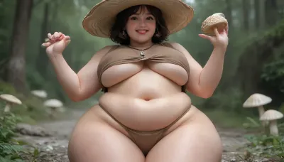 Cute chubby woman, (massive shallow flat soft breasts:1.3), (plump:1.3), chubby belly, (hyper hips:1.3), massive ass, happy, leaning on a giant mushroom, styled brown hair, pale white skin, (baggy brown clothing:1.4), underboob