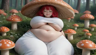Cute chubby woman, (massive shallow flst soft breasts:1.3), (plump:1.3), chubby belly, (hyper hips:1.3), massive ass, happy, sleeping on a giant mushroom, styled red hair, pale white skin, (baggy clothing:1.4), underboob