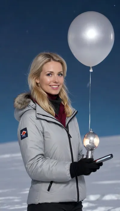 Arctic, Polar night, Polar Lights, Night. Weather station. attractive female meteorologist in her mid-30s, blonde hair, blue eyes, stands confidently at the edge of an icy arctic landscape, wearing an open insulated weatherproof clothing, including a hooded parka, tight waterproof pants, and sturdy boots, launching weather probes high into the polar night sky above, stunning aurora borealis swirling in the dark sky behind her, snow-covered mountains and glaciers visible in the distance, expressions of determination and excitement on her face as she monitors the probes' ascent via tablet device, strong facial features, high cheekbones, captivating gaze, soft smile, wind whipping her hair around her face, icy winds whipping against her weatherproof attire, cold but focused, flawless porcelain skin in sharp contrast to the harsh environment, bright reflective equipment and devices in her hands and attached to her clothing, high-quality photo with dramatic lighting and rich color detail, showcasing the magnificence of the arctic landscape and the professional and beautiful meteorologist amidst it all., (((launches a small silver weather baloon into the polar night sky))), polar night, aurora borealis visible. smiling, looking at the weather baloon. .
