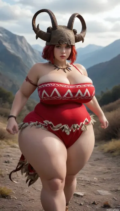 Gigantic wide hips, (chubby:1.4), (plump:1.4), vivacious, adrenaline, sweat, thick thighs, massive fat ass, (horns growing from head:1.6), maniacal, red hair, soaring, mountain, (wearing tribal dress:1.4), action shot, massive breasts, gigantic ass, chunky, stretch marks