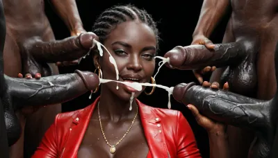 (ejaculation:1.6), handjob by black african man, wearing red leather thong, huge bulge, absolutely black skin, deep ebony skin, African, Nigerian, Nubian, (((absolutely black skin))), black room, black background, cumshot on the face of a beautiful white milf, surrounded by black dicks.