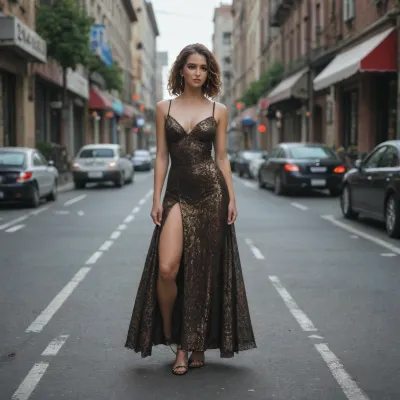 Sexy girl fully dressed on street view from a far full body view