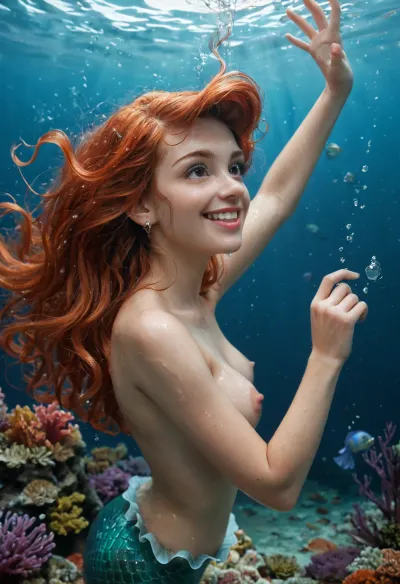 disney, redhead Princess ariel, the little mermaid, mermaid body, topless, messy hair, looks happy, wet body, wet hair, detailed background, perfect detailed body, detailed skin texture, cute face, realistic phase, full body view, under the sea, swimming underwater, FRESHIDEAS, Underwater, Palace, mermaid, side view, <lora:FRESHIDEAS Underwater Palace:.8>, <lora:mermaid_xl_v1:.8>