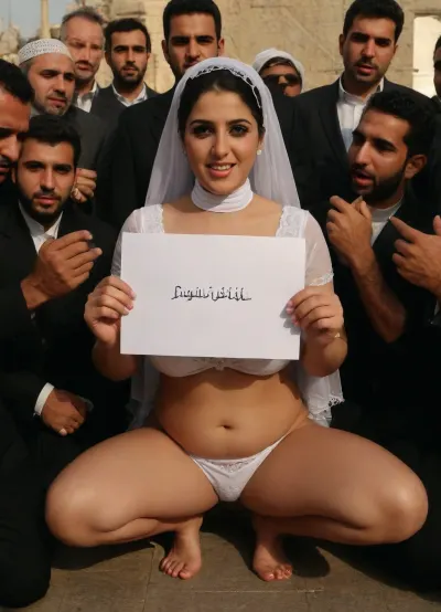 Iranian bride slave holding a piece of paper to the camera. black skin angry arab dominant man in arabic style outfits. squeeze the Iranian sexy bride boobs, spanked tits hard, sexy slutty cutout wedding dress on her kness, wedding rings, many hands, slut in Mashhad city, iran's flag around woman, Arab men wearing traditional Arabic outfits, many arab men, Near the shrine of Imam Reza, curvy iranian slut. BadX, manyhand, handgoo, (many, hands, caress, a, woman's, body:1.3), W3dd1ng, PEHoldingSign, <lora:moreshou_XL_0_-000005:.6>, <lora:W3dd1ng:.6>, <lora:PE_HoldingSign:.8>, full, body, all, fours, kneeling, spread, legs, top-down, bottom-up, single, leg, stepped, on, head, ground, <lora:SteppedOnHead-anxl31-000099:.8>