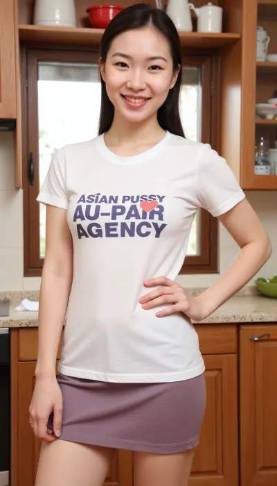 A 19 year old east-asian woman, wearing skirt and t-shirt, smiling, is standing in a European kitchen. Her t-shirt is printed with text "ASIAN PUSSY AU-PAIR AGENCY".