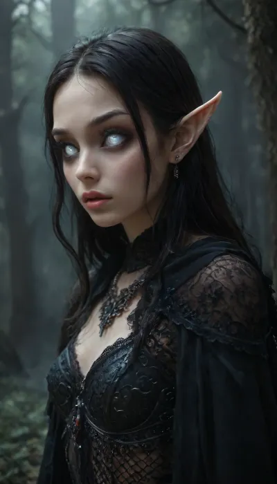 (1 extremely evil elf girl standing in a dark eerie forest:1.4), (close up angle:1.4), (side view), big thin cute lips, (extremely small beautiful face:1.3), black hair, (extremely long hair), extremely straight hair, (beautiful black fishnet armor:1.4), fully clothed, white skin, very long thick eyelashes, (light white eyes), (extemely beautiful petite body:1.4), collarbones, multiple big necklace, earrings, (cute tiny breasts), small waist, bubble butt, (extremely thin petite thighs), long legs, (extremely perfect big beautiful eyes:1.8), (perfect face), 8k, (dark evil forest), white, sclera, eyes, R3g4l, 3lv3n, woman, courtyard, armor, cloak, sword, castle, Dark, dreams, Eerie, reality, Horror, Darkness, <lora:white sclera v2:1.3>, <lora:rknArouseXL:.4>, <lora:Regal_Elven:1>, <lora:1366408_training_data:.8>, <lora:DDXL:1>