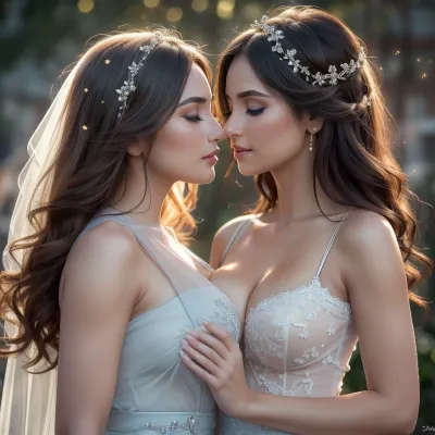 Ultra realistic super high quality.Two beautiful women about to kiss, 28 years old, brunettes, blue-eyed, (touching each other with breasts:1.2), eyes closed, long perfect natural lighting, perfect natural breasts, very detailed skin, very detailed pores, white skin, detailed face, detailed lips, super realism, extreme realism, extremely realistic, (best quality), masterpiece, high resolution, wallpaper 32k, UHD, (high quality), (super detail), 32K, (highest quality), (best details), (perfect lighting), (best shadow), (best shot), (best lighting), (best shadow, best shaded shadows), shiny skin, oiled, perfectly shining, <lora:age_slider-LECO-v1:1>, <lora:weight_slider-LECO-v1:.3>