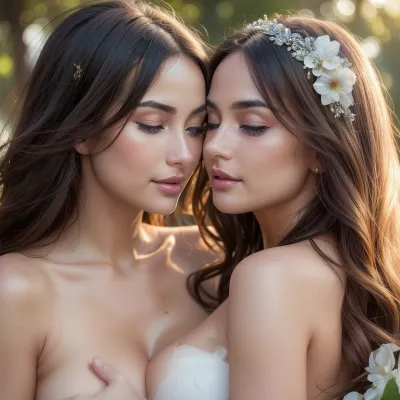 Ultra realistic super high quality.Two beautiful women about to kiss, 28 years old, brunettes, blue-eyed, (touching each other with breasts:1.2), eyes closed, long perfect natural lighting, perfect natural breasts, very detailed skin, very detailed pores, white skin, detailed face, detailed lips, super realism, extreme realism, extremely realistic, (best quality), masterpiece, high resolution, wallpaper 32k, UHD, (high quality), (super detail), 32K, (highest quality), (best details), (perfect lighting), (best shadow), (best shot), (best lighting), (best shadow, best shaded shadows), shiny skin, oiled, perfectly shining, <lora:age_slider-LECO-v1:1>, <lora:weight_slider-LECO-v1:.3>