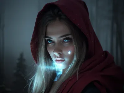 a beautiful slender Little Red Riding Hood with a very pretty coquettish face in the dark forest, Red clothing, a beautiful wulf, topless, realistic highly detailed large beautiful crystal eyes with light glowing {brown, blue, green} iris, heartshaped lips, freckles, lip gloss, aroused skin, olive skin, tight tiny breasts, dramatic sunrise, ground-fog, fog, darkness mood, detailed photo, photorealistic photo, realistic pretty women photo, realistic night vision parallax double exposure photo style, #KITTYART