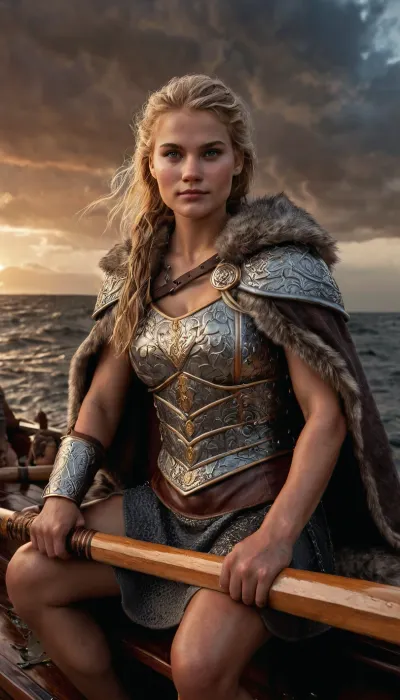 (RAW photo), 4K, best quality, realistic, photorealistic, masterpiece, extremely detailed, an extremely delicate and beautiful, dynamic, realistic anatomy, great lighting, perfect shading, professional shading, depth of field, a muscular beautiful blonde women Viking sitting on bench of a dragonboat, (((oar in hands))), (((her face is weathered and scars are visible))), ((fit very muscular body)), ((evil smile)), he is dressed in chain mail, leather bracers, (((a wolfskin cloak is draped over her shoulders))), round shields, on the deck of the drakkar. a stormy sea in the background, ((sunset sky)), the whole picture is in the style of the Dark Ages, dramatic colors, high resolution, realistic. Style, <lora:detailed_notrigger:.8>, Photography, stvmccrr, style, <lora:stvmccrr:.8>, <lora:580159_training_data:.8>, <lora:678145_training_data:.8>