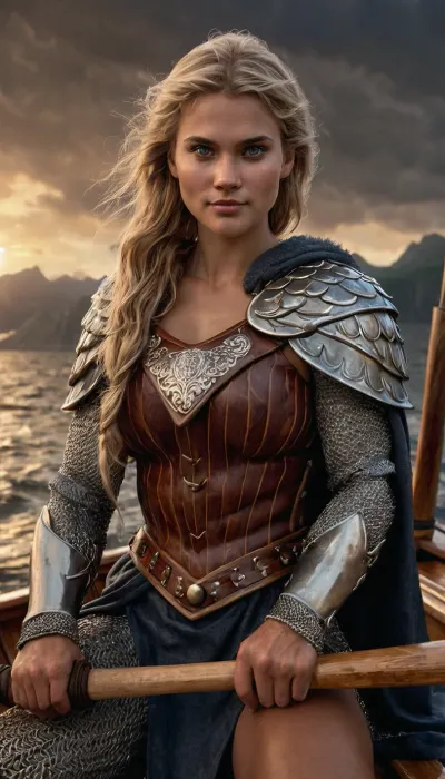 (RAW photo), 4K, best quality, realistic, photorealistic, masterpiece, extremely detailed, an extremely delicate and beautiful, dynamic, realistic anatomy, great lighting, perfect shading, professional shading, depth of field, a muscular beautiful blonde women Viking sitting on bench of a dragonboat, (((oar in hands))), (((her face is weathered and scars are visible))), ((fit very muscular body)), ((evil smile)), he is dressed in chain mail, leather bracers, (((a wolfskin cloak is draped over her shoulders))), round shields, on the deck of the drakkar. a stormy sea in the background, ((sunset sky)), the whole picture is in the style of the Dark Ages, dramatic colors, high resolution, realistic. Style, <lora:detailed_notrigger:.8>, Photography, stvmccrr, style, <lora:stvmccrr:.8>, <lora:580159_training_data:.8>, <lora:678145_training_data:.8>