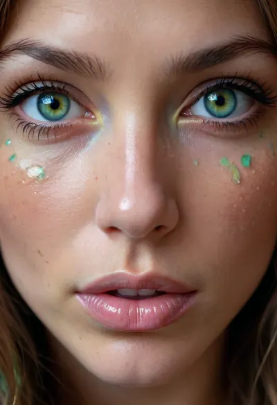 closeup, a coquettish woman with a very long hair, tears, paintsplash, realistic highly detailed large beautiful crystal eyes with light glowing {blue, green, brown} iris, heartshaped lips, freckles, lip gloss, aroused skin, olive skin, #KITTYART