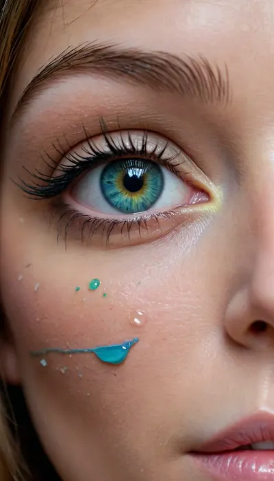 closeup, a coquettish woman with a very long hair, chaotic swirling, scribbled lines, surrender, polychromatic, anthropomorphic, paint-splash, tears, realistic highly detailed large beautiful crystal eyes with light glowing {blue, green, brown} iris, heartshaped lips, freckles, lip gloss, aroused skin, olive skin, #KITTYART