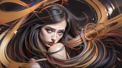 a coquettish woman with a very long hair, chaotic swirling, scribbled lines, surrender, polychromatic, anthropomorphic, humanoid, diffuse subsurface scattering