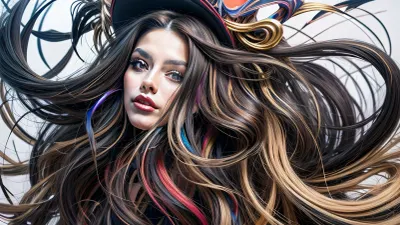 a coquettish woman with a very long hair, chaotic swirling, scribbled lines, surrender, polychromatic, anthropomorphic, humanoid