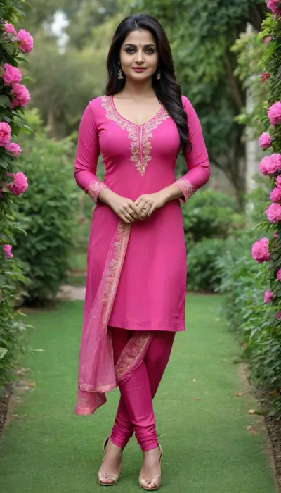 A beautiful sexy indian woman, 40 years old, having sexy seducing figure, hourglass body, rounded boobs, in a designer dark pink salwar suit, (perfect hands), bottomless, wide hips, thick thighs, round ass, (perfect fingers), full body view, detailed face, standing in a garden with blooming flowers, high heels