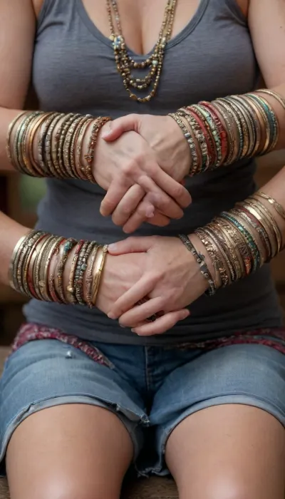 girl wearing thousands of bracelets and bangles from her shoulders down her arms to her hands and all the way from her waist down to her feet completely covered in bracelets and bangles

milf, mature, old, 80 years old, old woman, gilf, hundreds of bracelets and bangles completely covering her limbs, thousands of bracelets, thousands of bangles, tons of jewelry, huge saggy body, gigantic tits, sagging tits, lots of bracelets, lots of ankle bracelets, lots of belly chains, granny like