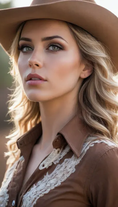 (masterpiece, best quality, 8k, Raw photography:1.2), (award-winning:1.1), (avant-garde fashion snapshot, portrait in profile, dramatic shadows:1.4), (cowboy shot, sharp focus on eyes, immaculate makeup, unbuttoned western blouse, suggestive cleavage, cowboy hat:1.8), (hyper feminine features, rodeo queen, soft contented smile:1.5), (sense of intimacy, romance:1.4), (intricate eye details:1.6), (warm eyes, vivid eyes, stunning eyes:1.6), (long delicate eyelashes:1.5), (smokey makeup, intense makeup:1.4), (textured ash blonde hair with dark highlights, intricate and elaborate hair style:1.4), (golden hour lighting, brilliant blue sky), (shallow depth of field, professional color grading:1.6), (softly blurred background:1.3), (warm natural light, hair glow lighting), (natural skin texture:1.6), (realistic skin details:1.5), (intricately detailed hair:1.5), (expressive detailed eyes:1.6), (visible limbal ring:1.5), (detailed iris texture:1.5), (natural hair texture:1.4), (realistic eye texture:1.5), subtle vellus hairs, ziprealism