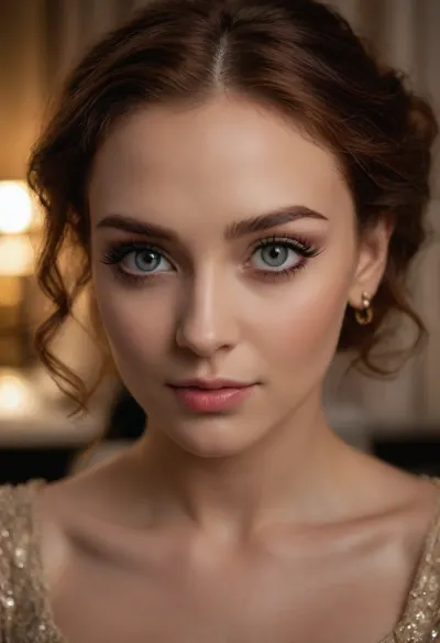 (masterpiece:1.2), (best quality:1.2), (award-winning:1.1), (elegant girlfriend:1.5), (adoring gaze:1.4), (beautiful adorable woman's face:1.5), (loving expression:1.4), (sweet shy smile:1.3), (romantic candlelight dinner setting:1.3), wearing a, (sophisticated fashionable outfit:1.4), suitable for a romantic date, (intricate eye details:1.6), (vivid and captivating eyes:1.6), (long, delicate eyelashes:1.5), (perfectly applied eyeliner:1.4), (short, glossy rich auburn hair with coppery highlights:1.4), soft loose strands, elegantly swept back hairstyle, (warm, inviting, and comforting color palette:1.5), (sense of deep adoration and contentment:1.6), (soft, romantic lighting:1.5), (cinematic, atmospheric lighting:1.4), (shallow depth of field:1.6), (softly blurred background:1.3), professional color grading, (flawless detailed skin:1.5), (natural skin texture:1.6), (realistic skin details:1.5), subtle skin imperfections, (intricately detailed hair:1.5), (expressive detailed eyes:1.6), (visible limbal ring:1.5), (detailed iris texture:1.5), (natural hair texture:1.4), (realistic eye texture:1.5), subtle vellus hairs, ziprealism