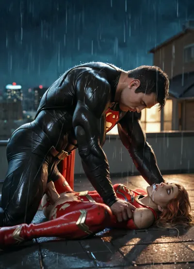 RAW image, Canon EOS R3, DSLR photo, 8k, best quality, (masterpiece:1.1), (realistic, photo-realistic:1.2), ultra high res, ((muscular man), (fit and muscular woman)), backlight, (18 year old woman, redhead, beautiful), (close view of face:1.3), (wet hair), rain, ((rainy weather)), a dark raining city rooftop, ((rooftop)), ((toned shiny sexy supergirl, full-body catsuit)), (shiny catsuit), (ultra-thin catsuit material), (red platform boots), (on back with legs spread on a dark Skyscraper roof), sprawled on back, (head turned and laying on the ground), (body arched over broken and crushed metal rooftoop air-conditioner), (broken rooftop pieces laying around), (lying on top of wreckage), (side view near face), (mouth hanging open, vacant stare, eye roll:1.2), (watery cum is flowing from the pussy:1), jizzed, ((night, rain)), (torn clothes, revealing clothes:1.2), (extremely muscular man in superhero suit standing a short distance away, man's head out of frame, erect cock:1.1), <lora:BUT_SDXL_SHS:.6>, <lora:add-detail-xl:.6>, <lora:DetailedEyes_V3:.5>, <lora:dark:.3>