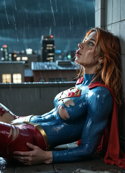 RAW image, Canon EOS R3, DSLR photo, 8k, best quality, (masterpiece:1.1), (realistic, photo-realistic:1.2), ultra high res, ((muscular), (fit and muscular)), backlight, (18 year old woman, redhead, beautiful), (woman's face post-orgasm:1.2), (close view of face:1.3), (wet hair), rain, ((rainy weather)), a dark raining city rooftop, ((rooftop)), ((toned shiny sexy supergirl, full-body catsuit)), (shiny catsuit), (ultra-thin catsuit material), (red platform boots), (on back with legs spread on a dark Skyscraper roof), sprawled on back, (head turned and laying on the ground), (body arched over broken and crushed metal rooftoop air-conditioner), (broken rooftop pieces laying around), (lying on top of wreckage), (side view near face), (mouth hanging open, vacant stare, eye roll:1.3), (watery cum is flowing from the pussy:1), jizzed, ((night, rain)), (torn clothes, revealing clothes:1.2), <lora:BUT_SDXL_SHS:.6>, <lora:add-detail-xl:.6>, <lora:DetailedEyes_V3:.5>, <lora:dark:.3>