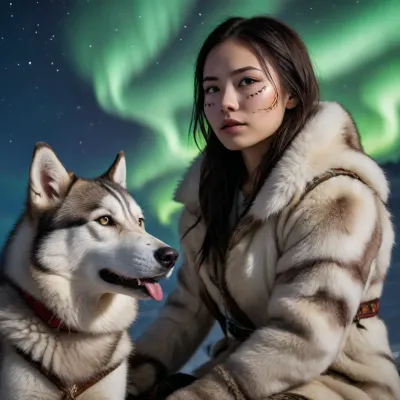 A young, beautiful, slender, Inuit Eskimo woman dressed in animal skins and war paint, She kneels on a dog sled pulled by huskies, with many northern lights in the sky, cyberpunk art, retrofuturism, very beautiful cyberpunk, cyberpunk, She has a very pretty coquettish faded face, heartshaped lips, lip gloss, aroused skin, perky small breasts, She exhales, cold breath in the air, darkness mood, detailed photo, photorealistic photo, realistic pretty women photo, realistic night vision soft focus parallax double exposure photo style, (view from side), #KITTYART
