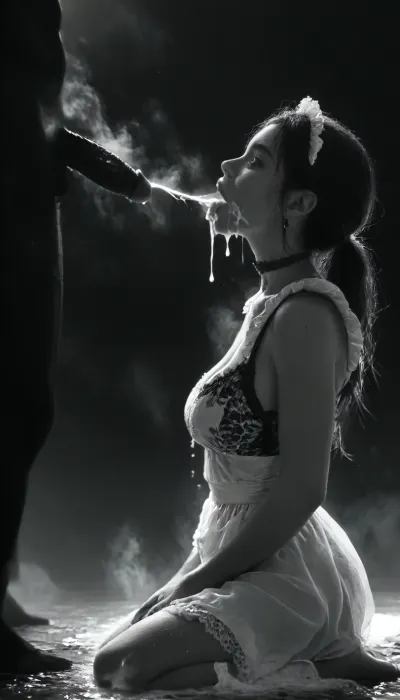 Police officer, 41 years, MILF, blond, ponytail, sexual body, slut mimic, full body, night, in the park, sitting on a bench, masturbating, orgasm, tongue sticking out, fingering, pussy, muscular, (steam on mouth:1.4), seven inches penis, (standing up straight), excessive cum, dripping on to girl, cum, (looks with love and happy), (((profile view))), cum shooting, cum dripping, (((lace black housemaid clothes))), (woman 20yo kneeling), (woman looking up at man), (ban haircut), (((black silhouette))), (((monochrome:1.9))), heavy natural droplets breasts, (black background), backlight, style, hair, light, <lora:2FingersSDXL_v03:.5>, <lora:MJ52:1>, <lora:206223_training_data:2>