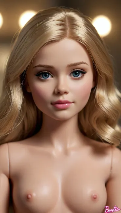 Barbie doll, Chloë Grace Moretz face, unopened packaging, blond hair, middle length hair, show full body, naked