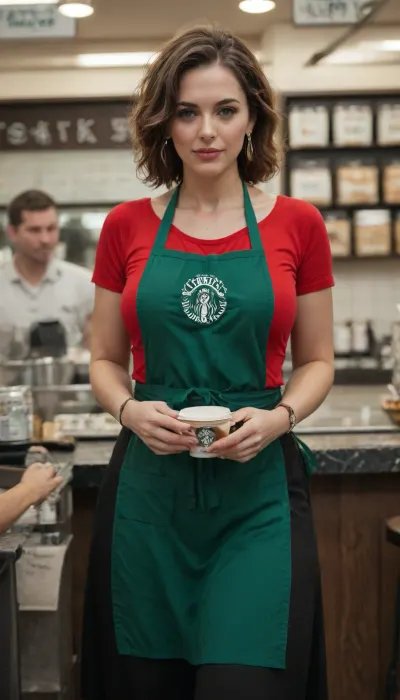 mature woman, starbucks outfit with apron, mommy body, black skirt, many people around starbucks