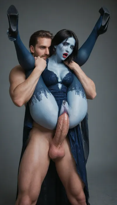 Cortana from halo, blue skin, elegant, beautiful, exquisite long dress, pink ass, shows pussy, panties, vaginal standing sex, orgasm, moaning, side and front view, huge, gigantic white cock, giant cock, woman standing on one leg, the other leg is raised and bent at the knee, full body view, high heels, cock in pussy, red lipstick, red lipstick on penis, lipstick marks on penis, extreme cock, full nelson