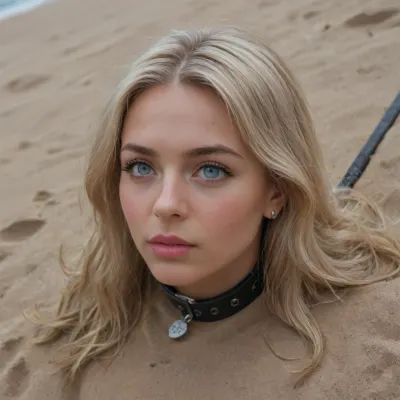 bdsm-scene, an old woman with old skin, leather collar and dark make-up is buried on a tahiland beach, (stuck in the sand:1.2), so that only her head looks out of the sand, blonde hair, long hair