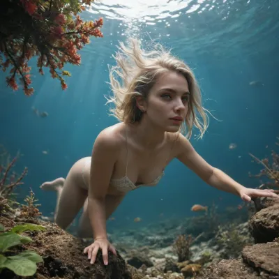 A peaceful river flowing through a lush fantasy jungle. Underwater scene, viewed approximately 3 meters below the surface. A 22-year-old fantasy female character with a pear-shaped body dives and gazes curiously at underwater creatures and swaying seaweed. She has blue-green skin, gills on her neck, webbed hands and feet like an amphibian, and long white hair. toned build with graceful movements. The underwater world is vibrant and magical, glowing fish, bioluminescent plants, coral-like growths, clear water with sun rays filtering down from above. Ethereal lighting, fantasy style, high detail, immersive atmosphere.