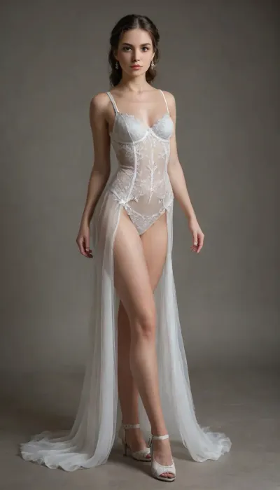 RAW full body analogue photo of a beautiful 25 years old woman, clear focus, high resolution image, In the rustic ambiance of a 1870s Victorian-era horse stable, a captivating portrait unveils the elegant presence of a charming private secretary. Adorned in an, (intricate lace chiffon and accentuated with a petite bodice), her allure is timeless. The, [ebony and ivory aesthetic], of the surroundings enhances her delicate charm. With meticulous character composition and precise focus, the photograph captures her essence with enthralling depth. Velvet stockings, luxurious and soft, adorn her, (slender legs and narrow calves), adding a touch of opulence to her ensemble. Taken at f2 with a 35mm lens, the image emanates a vivid, raw, (perky feminine beauty), enriched by subsurface scattering techniques., low light, soft natural light, Rembrandt style light, Hasselblad DLSR camera, 200mm Zeiss lens, f/2.8, Sexy pose, erotic pose, exhibitionism
