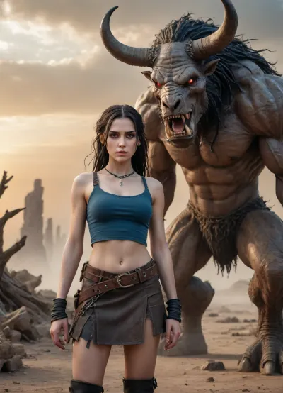 A 25-year-old desert survivor in a post-apocalyptic fantasy world that stands at the edge of a vast, cracked wasteland under an ominous gray-orange sky. The land is ruined and lifeless, littered with the ruins of forgotten civilizations and gnarled trees petrified by time.

The girl has long black hair pulled back in messy braids and dreadlocks, and fair skin with soft, doll-like features. Her big blue eyes are full of fear, but also charm. She is wearing a modest outfit made of stitched leather and torn fabric, a cropped top and a short skirt that accentuates her toned figure. She looks back at the monster behind her with a mixture of greed and strange attraction. Looming behind her is a monstrous mutated minotaur-over 10 feet tall, muscular and primal, with jagged obsidian horns, glowing red eyes filled with rage, battle scars etched into its flesh, and chains hanging from its belt. His body is a terrifying fusion of power and mutation-his armor is half-melted into muscle, his sinews exposed beneath a torn hide-and yet he has an undeniable animal magnetism." He stomps forward through the swirling dust and ash, stalking the girl with predatory concentration, his huge cock sticking out and wanting to plunge into the cute elf's holes. Style, dark fantasy, dystopian apocalyptic setting, cinematic lighting, dramatic moment of action, high detail, sensual tension