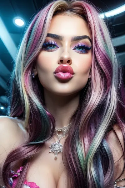 Hyperrealism, bimbo seductive milf, 35 years old beautiful, stunning unique female character. She has large eyes filled with joy and excitement, extravagant eyelashes, colorful long wavy hair, making this image a masterpiece of photography and digital art. Style, realistic hyper-detailed rendering, 32k UHD, expressive eyes, punk, graphic design, a woman’s face, pretty and cute, gleaming lips, white skin, pouting, <lora:weight_slider_v2:-1>, <lora:more_details:.5>, <lora:age_slider_v20:-2>, <lora:Pouting:.9>