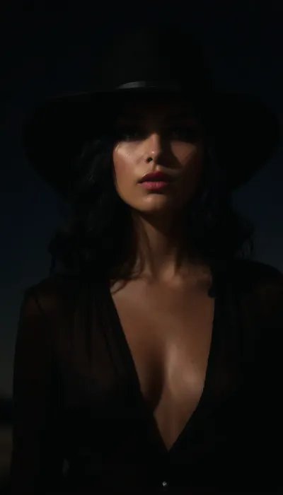 (cowboy hat, dark background, night sky, shadow play, dark shadow obscuring her eyes, shadowed eyes:2), (avant-garde snapshot esthetic, cowboy shot, romantic intimacy:1.5), (deep shadows, sharp contrasting shadows, dramatic lighting, lit from above, dark colored blouse:1.8), (masterpiece, best quality, 8k, RAW photography, award-winning), (vivid lipstick for a splash of color:1.4), (silky black hair, long hair hanging in loose waves, thick black hair:1.4), (open blouse, cleavage, unbuttoned blouse:1.4), (shallow depth of field, professional color grading:1.6), (softly blurred background:1.3), subtle vellus hairs, ziprealism, (dark, chiaroscuro, low-key), <lora:zavy-cntrst-sdxl:.4>