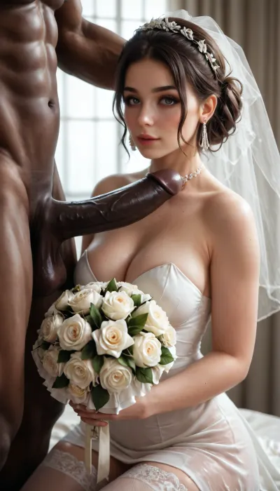 interracial, large black cock, BBC, very large black cock, giant black penis, Fine art nude of Iranian bride holding a white bridal bouquet in front of her chest, wearing only black lace stockings and a silk ribbon around her waist. Her groom kneels beside her, holding her hand, eyes locked in intimate connection, <lora:Super_Eye_Detailer_By_Stable_Yogi_SDPD0:.4>, <lora:b8174d41-8ba7-4318-bc14-53ee7e353d91.TA_trained:.9>, <lora:hinaMaybeBetterPoseXL_v5-NoobAI:.8>