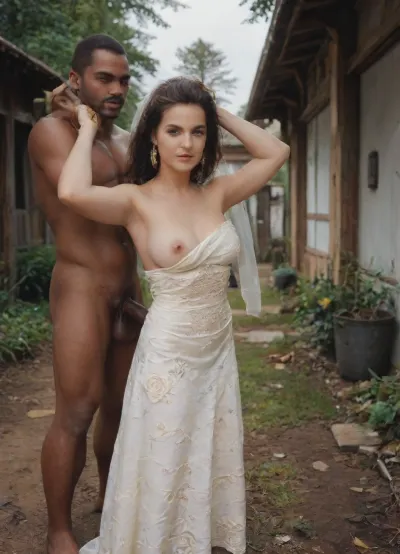 interracial, extremely large black penis, brutal master, tribal African village, A candid, natural photo of a curvy Iranian slut bride with sleek, jet-black hair, styled in a modern, cutout slutty wedding dress. She is dancing joyfully for black skin African men villagers in a rustic village setting. The atmosphere is lively and vibrant, with traditional Kenyan dancers around her, all wearing colorful and vibrant attire. The bride’s dress is elegant but modern, with delicate details. Her joyful expression reflects the warmth and energy of the moment. The background shows a scenic rural Kenyan village with traditional mud houses and greenery, giving the scene an earthy and intimate feel., a, photo, of, in, the, style, tine-barney, <lora:tina-barney-sdxl-v1-000056:.8>
