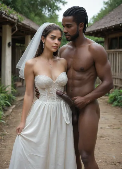 interracial, extremely large black penis, brutal master, tribal African village, A candid, natural photo of a curvy Iranian slut bride with sleek, jet-black hair, styled in a modern, cutout slutty wedding dress. She is dancing joyfully for black skin African men villagers in a rustic village setting. The atmosphere is lively and vibrant, with traditional Kenyan dancers around her, all wearing colorful and vibrant attire. The bride’s dress is elegant but modern, with delicate details. Her joyful expression reflects the warmth and energy of the moment. The background shows a scenic rural Kenyan village with traditional mud houses and greenery, giving the scene an earthy and intimate feel.