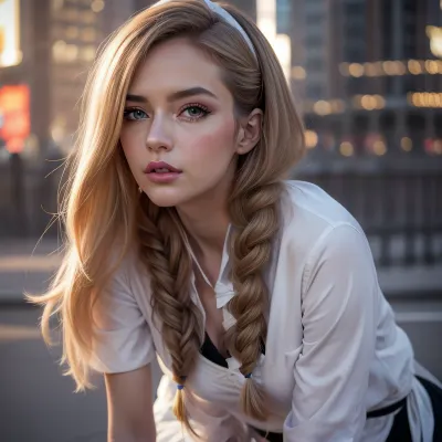 digital mid face closeup shot illustration of a beautiful slender 27 yo woman dressed up as a nurse. She is wearing a white apron with a black ribbon tied around the waist and a white headband with a bow on top. She has long blonde hair styled in two braids. she standing in front of a cityscape with tall buildings in the background. She appears to be posing for the camera with a confident expression on her face. The overall style of the illustration is reminiscent of a cartoon or anime style, very detailed, coquettish face, elaborate hairstyle, perky small breasts, (realistic highly detailed large beautiful crystal eyes with light glowing, [brown, blue, green], , , iris), heartshaped lips, lip gloss, aroused skin, dramatic sunset with long shadows, dreamy mood, detailed photo, photorealistic photo, realistic pretty women photo, (realistic night vision, sharpened, wide angel, soft fokus, parallax, overexposure, photo style), panorama, (profile photography), (worm´s-eye view), (she kneels), #KITTYART





























#KITTYART
