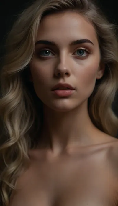 (style of Alessio Albi:1.5), (hyper feminine features, feminine allure, feminine perfection, seductive expression:1.8), (avant-garde snapshot esthetic, loose closeup, low angle view, sharp focus, focus on eyes:1.6), (masterpiece, best quality, 8k, RAW photography, award-winning), (ash blonde hair with dark roots, long hair hanging in loose waves, thick voluminous hair:1.4), (shallow depth of field, professional color grading, HDR, uncompressed, RAW photograph:1.4), (natural skin texture, realistic skin details, subtle vellus hairs:1.2), (intricately detailed hair, natural hair texture:1.2), (expressive eyes, limbal ring, detailed iris texture, realistic eye texture:1.2), (dark, chiaroscuro, low-key), <lora:zavy-cntrst-sdxl:.2>, ziprealism