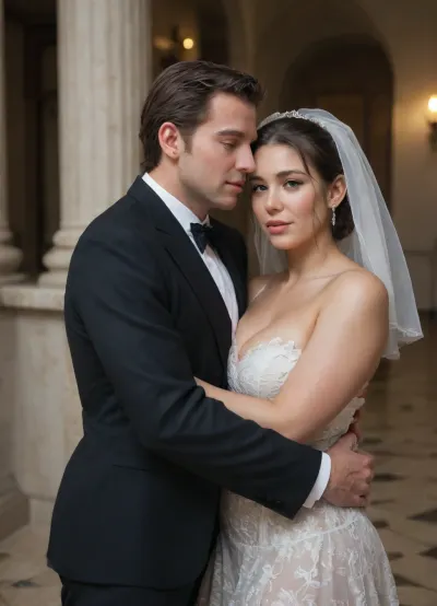 interracial, large black penis with golden cock ring, A sexy and intimate boudoir-style photo of a beautiful chubby Iranian bride and her Nigerian groom. The image focuses closely on the upper body and face of the bride, highlighting her striking facial features, smooth skin, and expressive eyes, with soft, flattering lighting. Her dark hair is styled elegantly, and delicate lace details of her bridal lingerie or robe are subtly visible., (((The cuckold white skin groom is close beside her and hug the bride in suit, creating a warm, sensual connection))), his skin contrasting beautifully with hers. The background is softly blurred, giving full attention to their emotion and presence.