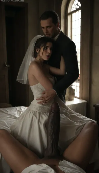 (POV of an giant black man with large black penis standing in the doorway near the cuckold Groom and bride), ((The white cuckold man is lifting the bride's skirt he is inviting)), a Curvy Persian bride in a beautiful white slutty and cutout wedding dress sitting on a luxurious bed, ((white cuckold groom in a suit gently hugging her)), sitting on bed, (both looking at each other lovingly), soft candlelight and moonlight glowing in the room, rose petals scattered around, dreamy and intimate atmosphere, fantasy style, highly detailed, A romantic bedroom scene, cinematic lighting, romantic_couple_poses, one, sexy, woman, shocked, by, huge, cock, cockshock, <lora:dark:.5>, <lora:1365620_training_data:.5>, <lora:milkers_v2:.4>, <lora:cockshock:.9>