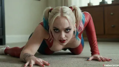 Harley Quinn, stands on all fours and caresses herself, fingering, pussy, <lora:2FingersSDXL_v03:.8>