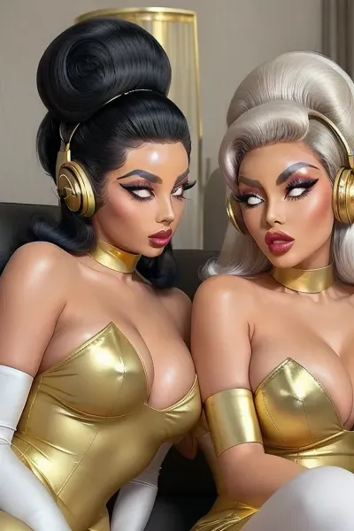 (close up), ((a pair of extremely hypnotized and under mind control girls)), both girls are a young-looking 18 years old, (extremely big wide open glassy hypnotized eyes), ((they have shocked expressions)), ((they are sitting extremely upright with straightened backs waiting for commands)), (staring at you), they have big black eyebrows, ((they have lustrous platinum white hair)), ((their hair is styled into extremely gigantic bouffants and exaggerated beehive updos:1.4)), (they are wearing glamorous makeup), (shiny black lipstick:1.2), (they have very slim bodies with gigantic breasts), ((they have extremely gigantic breasts:1.3)), ((white 1960s formal party outfit with gold trimming:1.4)), (plunging cleavage), (sitting on a luxurious couch in a retro vintage penthouse:1.2), ((shiny mind controlling headphones)), shirome, bouffant, hair, fake, breasts, <lora:shirome_v09:1>, <lora:Bouffant_Hair-01:.1>, <lora:Serious_Fakes:.1>